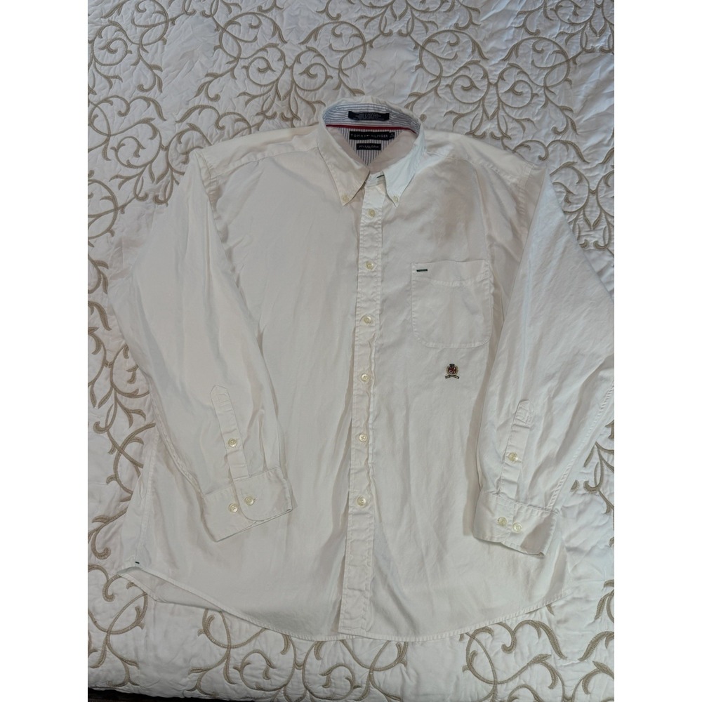 Tommy Hilfiger Mens XL White Button Down Shirt Crest 80s 2 Ply Cotton Classic